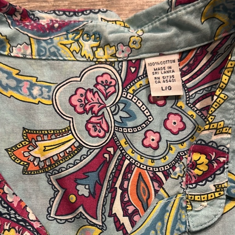Izod blue paisley 3/4 sleeve button down cotton top size large - Picture 4 of 6
